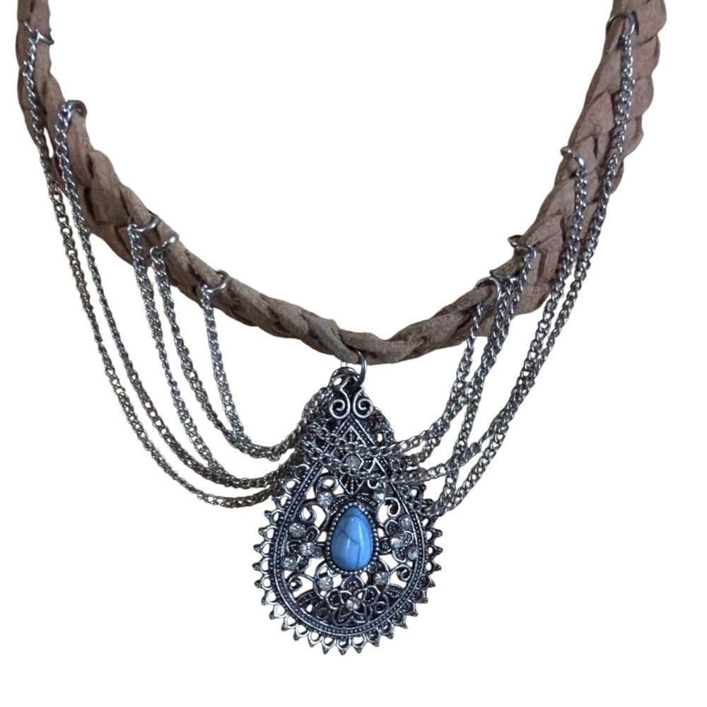 Boho Braided Suede Silver Chain Statement Necklace Faux Turquoise Style